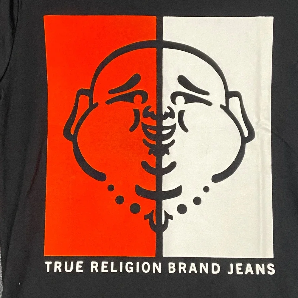 True Religion Brand Jeans Mens Small T Shirt Half Face Buddha Graphic Black‎ NWT